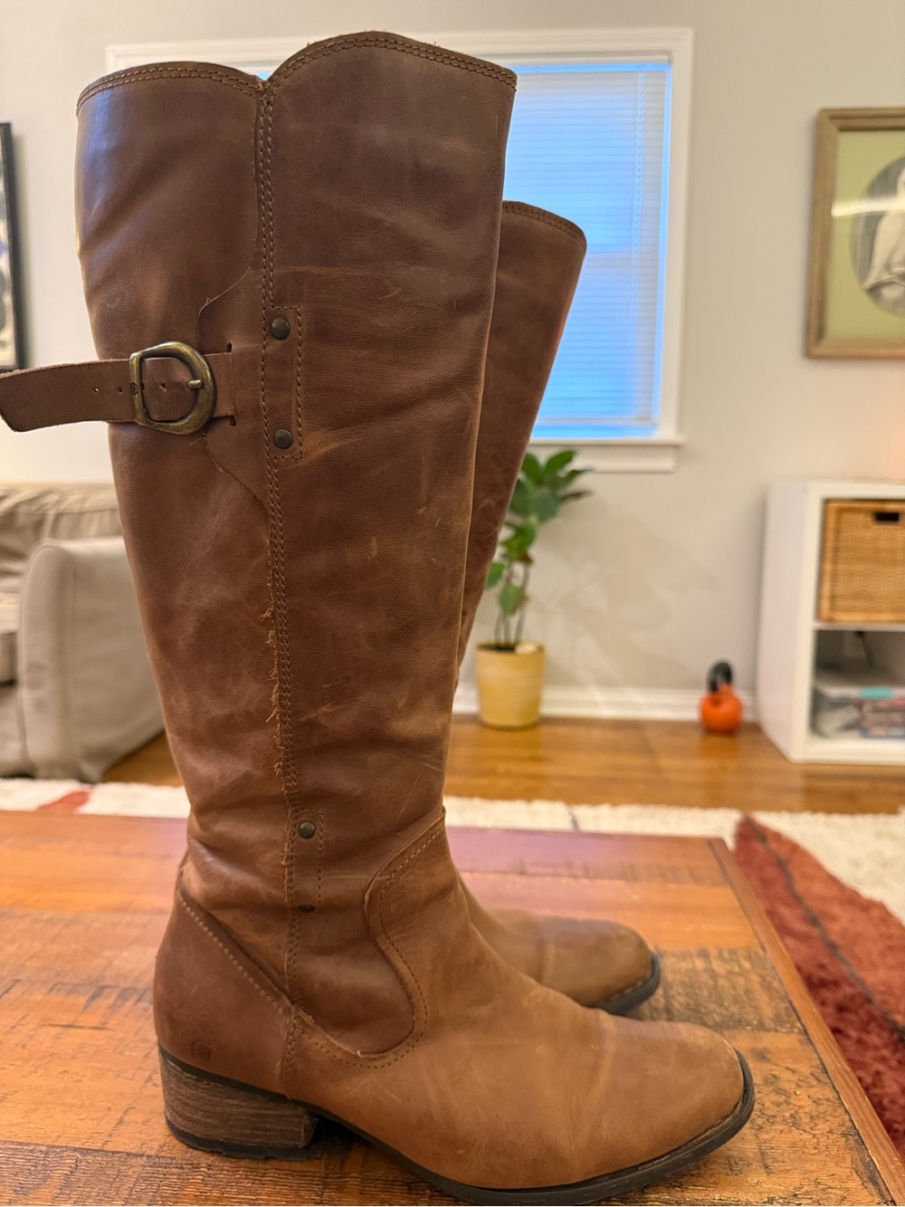 Born Tall Brown Leather Riding Boots with Buckle.